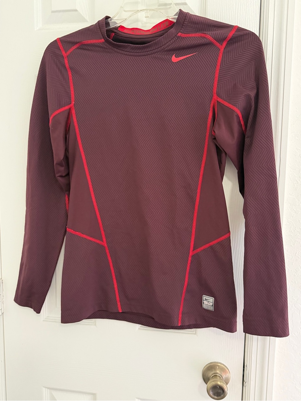 Nike Pro Combat Long Sleeve Compression Top - Burgundy with Pink Trim